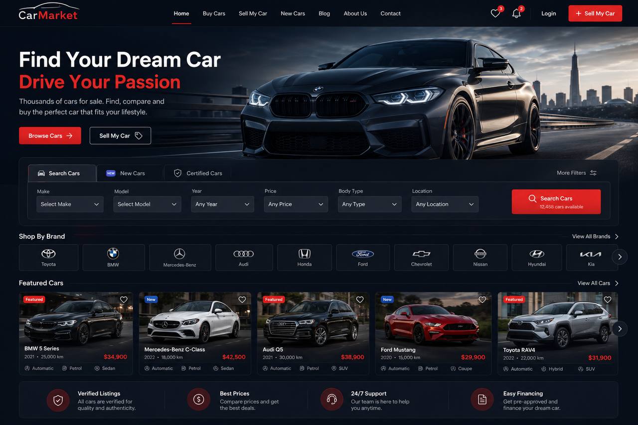 CarMarket homepage with navigation, search filters, brands, featured cars and service benefits